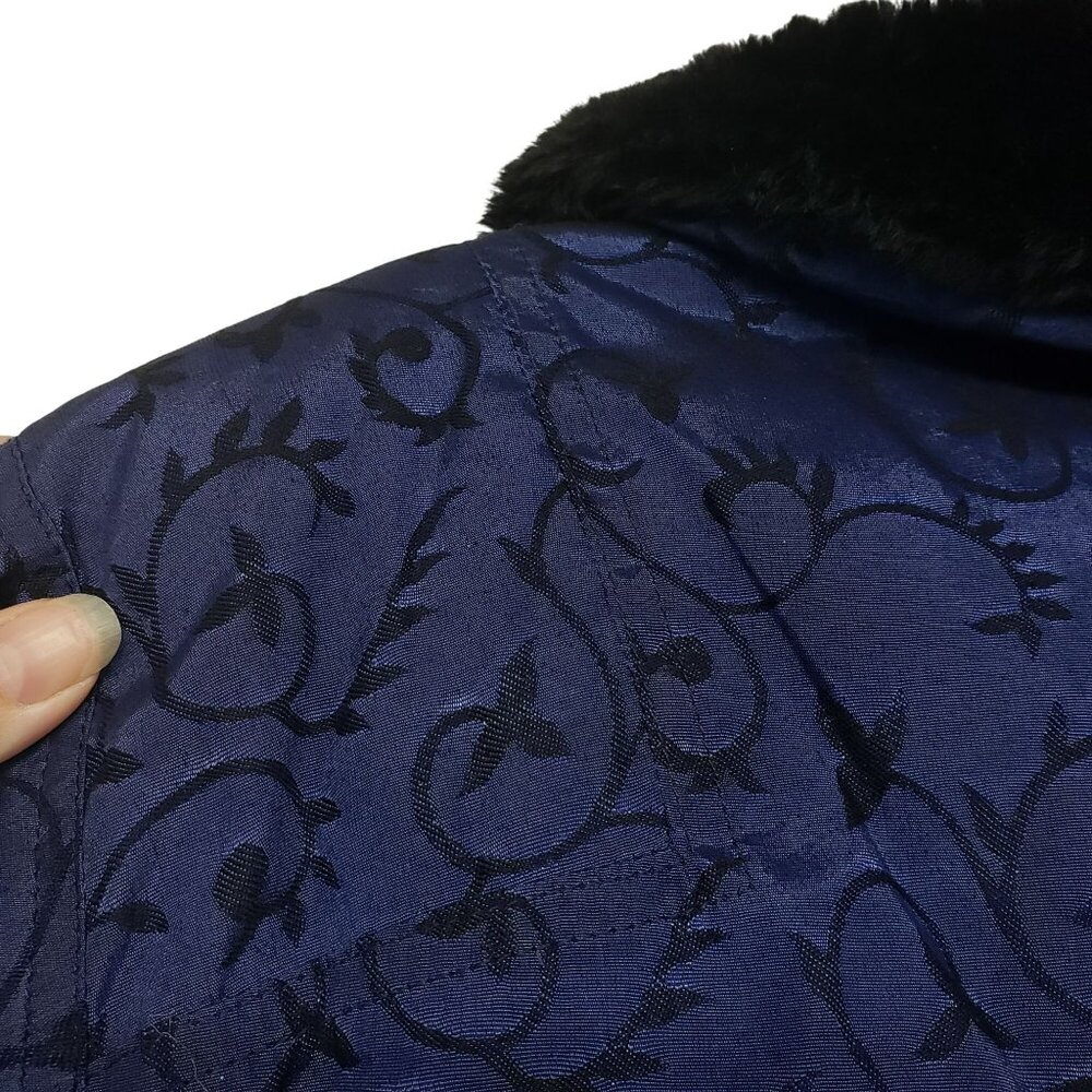 Vintage Nils Down Fill Ski Jacket Winter Coat Fur Trim Blue Jacquard Print Retro - Picture 15 of 16
